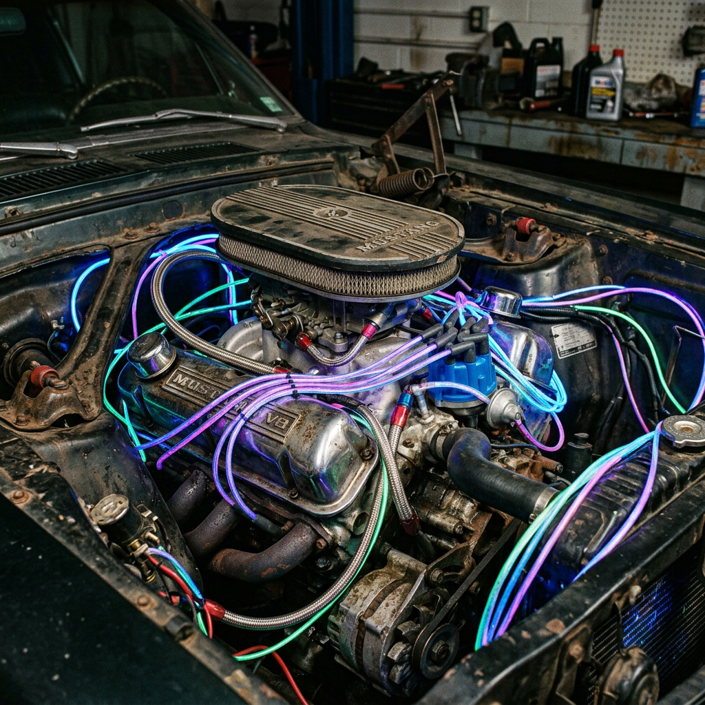 Vintage Mustang V8 engine with glowing neon-colored wires in a car engine bay