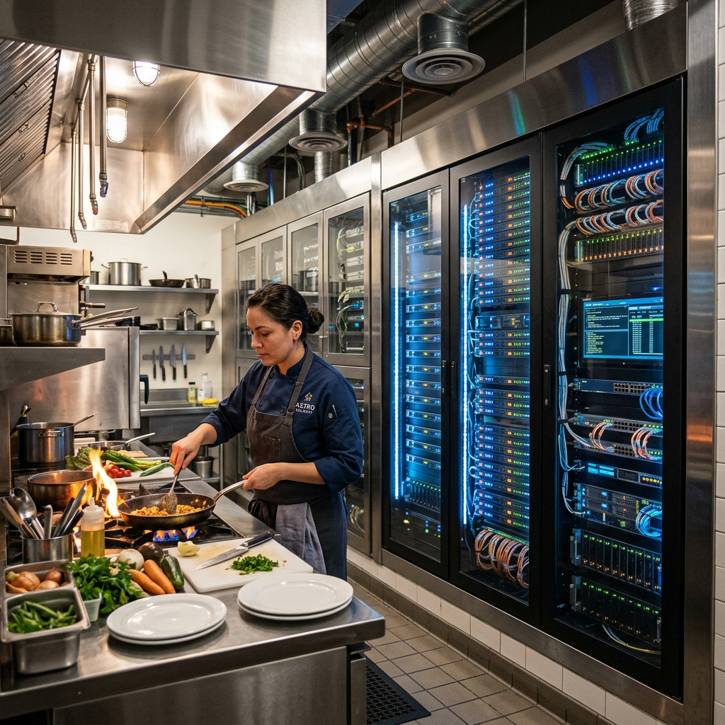 Chef cooking in kitchen near server racks with blinking lights